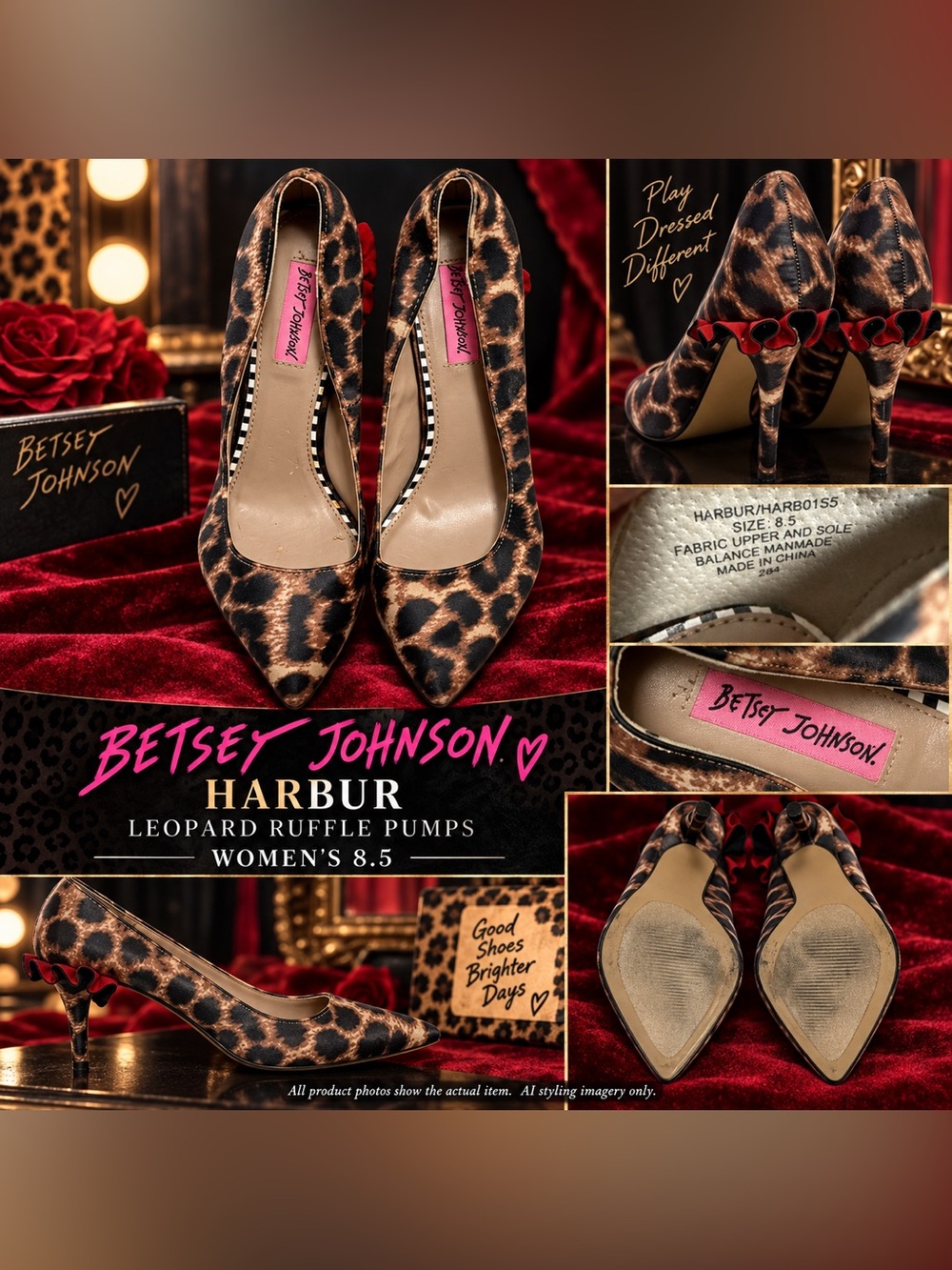 Betsey Johnson Harbur Leopard Ruffle Stiletto Pumps Women’s 8.5 Pinup rockabilly